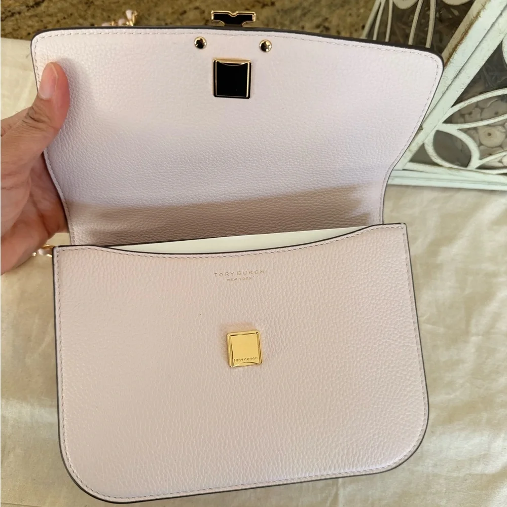 575+!Tory Burch Britten Small Adjustable Shoulder Bag Light Pink with Gold Chain